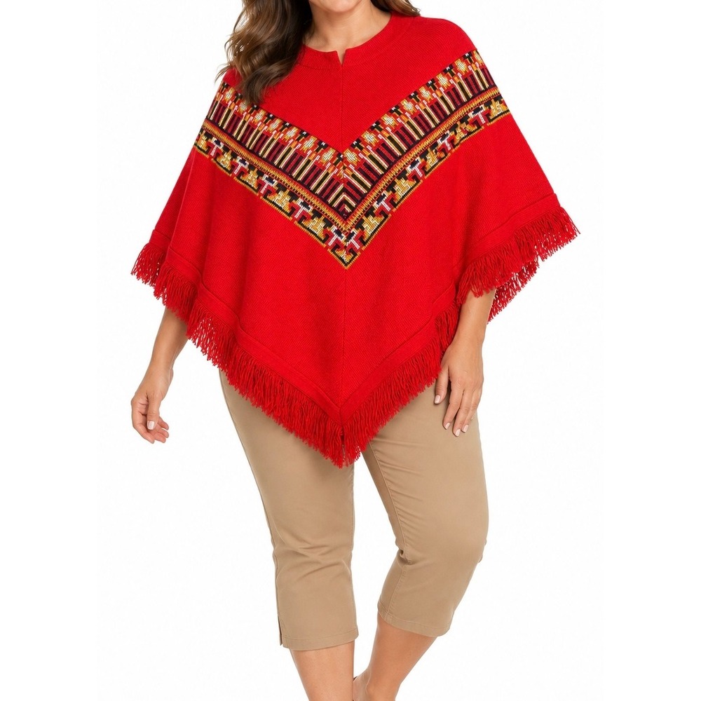 DOTTY MANN Vintage Red Knit Poncho Geometric Fringed Orlon Acrylic-One Size